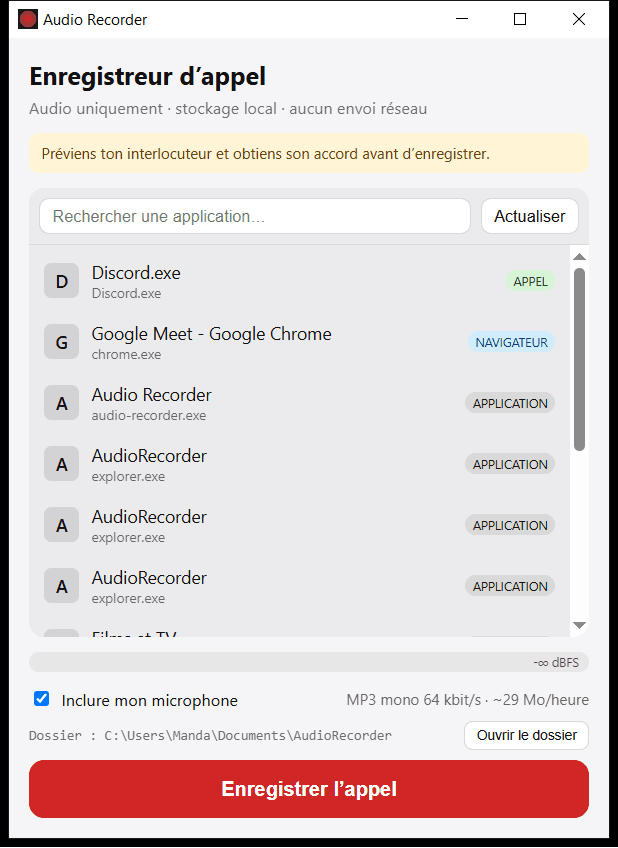 Audio Recorder — enregistreur audio Windows - Enregistrer une application et le microphone dans un MP3 local