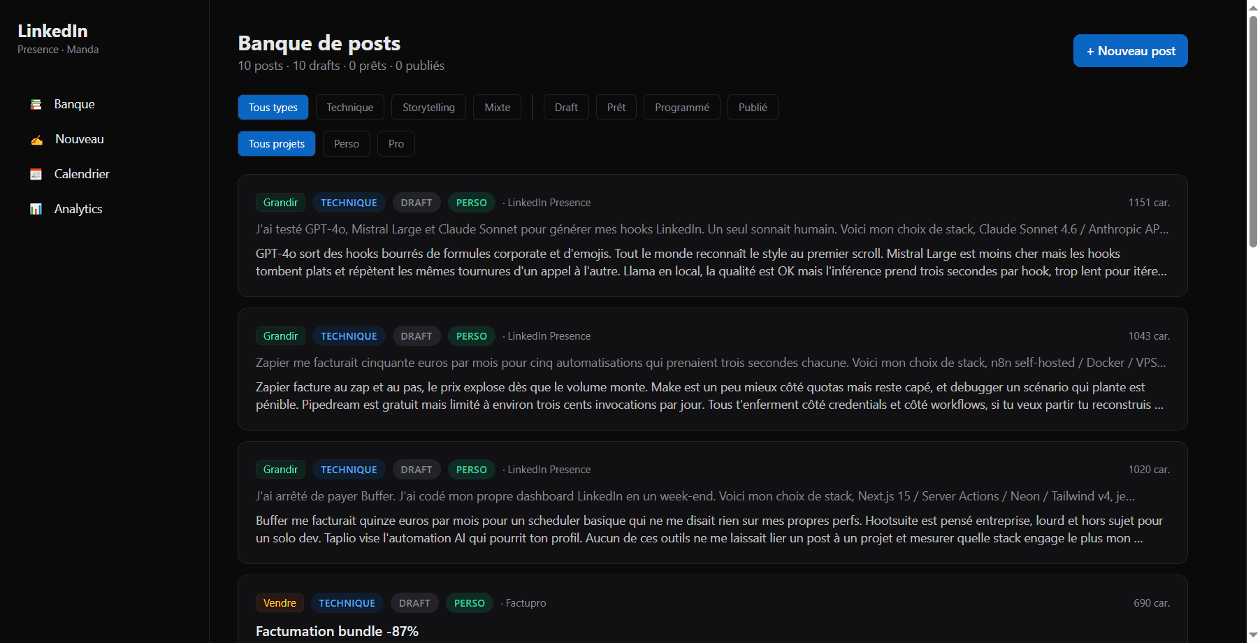 LinkedIn Presence - Dashboard de gestion de posts LinkedIn