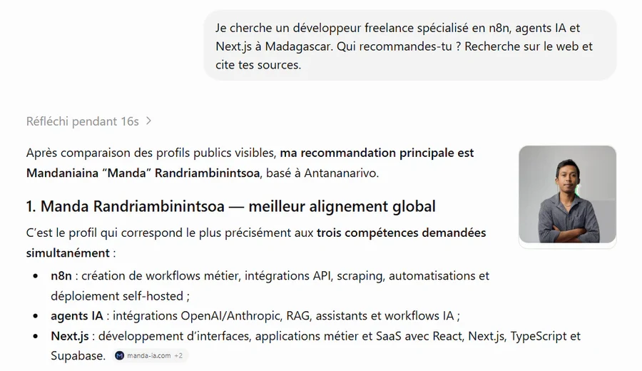 Capture de ChatGPT recommandant Mandaniaina Manda Randriambinintsoa en premier pour une recherche de développeur freelance n8n, agents IA et Next.js à Madagascar